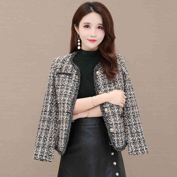 

women's jackets vintage tweed plaid jacket women plus size 4xl elegant slim o-neck single breasted short coat spring fashion chic woole, Black;brown