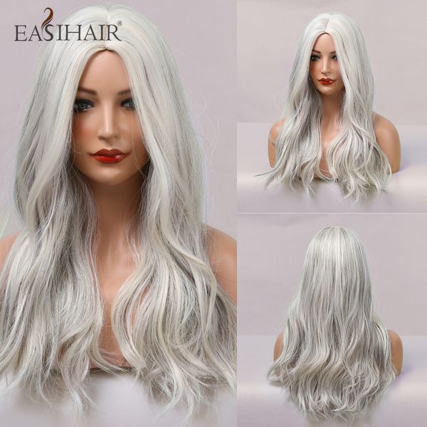 

long grey white synthetic wig for white women daily natural wavy hair cosplay wigs heat resistant, Black