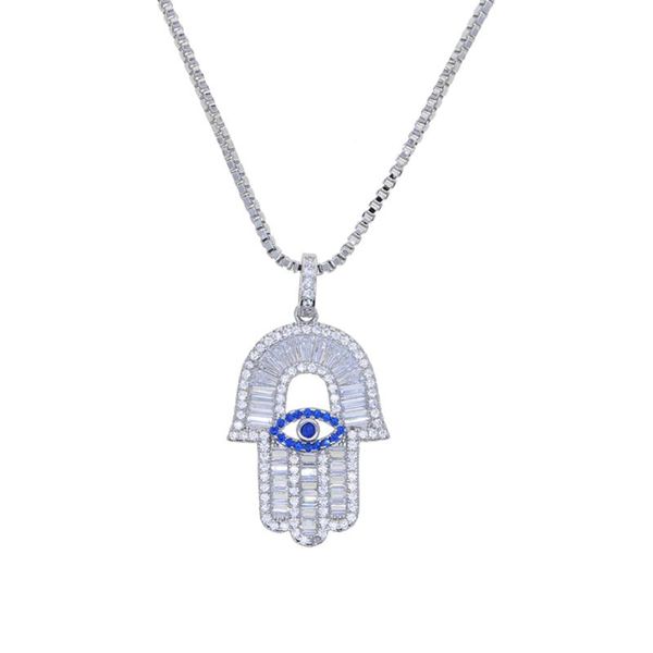 

chains fashion turkish hamsa hand pendant for women ladies iced out bling baguette clear blue cubic zirconia box chain necklace, Silver