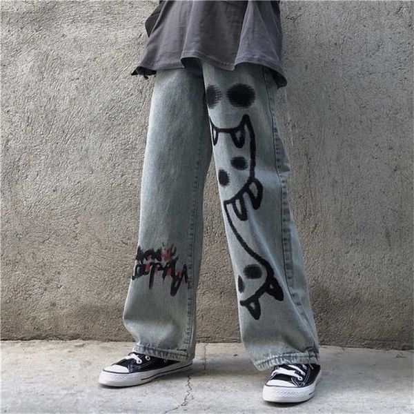 

houzhou women jeans harajuku streetwear hip hop wide leg baggy denim pants grunge graffiti print high waist casual trousers y2k 211111, Blue