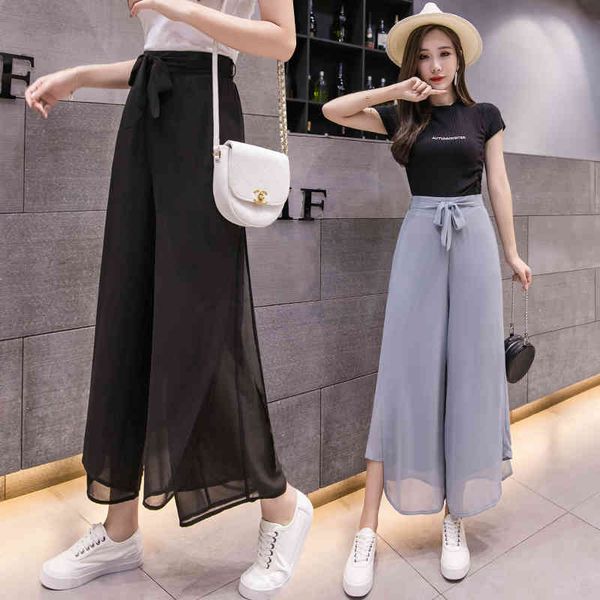 

chiffon slit nine-point wide-leg pants, summer high waist drape, thin casual loose large size culottes women 210522, Black;white