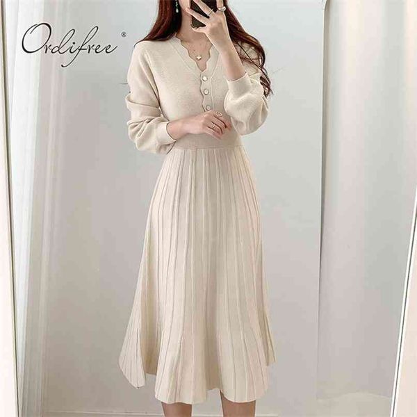 

autumn winter women knitted dress long sleeve elegant lady pleated midi basic sweater 210513, Black;gray