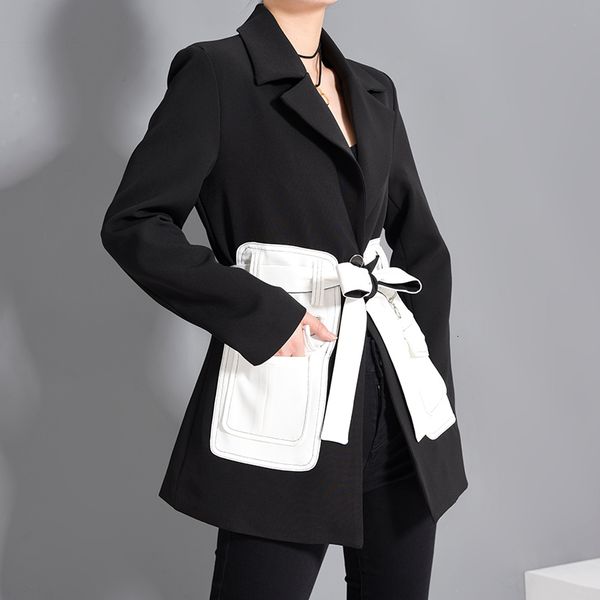 

[eam] women black contrast color pocket blazer new lapel long sleeve loose fit jacket fashion tide spring autumn 1s39401 201013, White;black