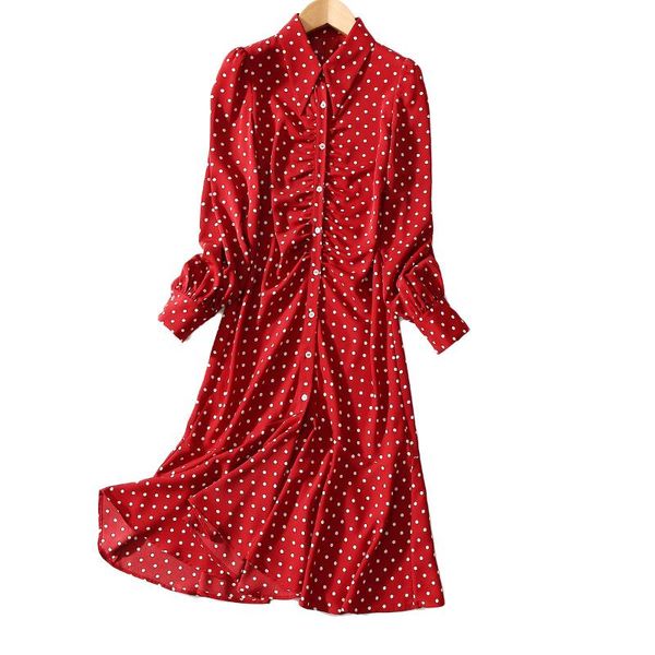 

casual dresses women dress 2021 early autumn all-match wavelet point waist belt slim chiffon mid-length, Black;gray