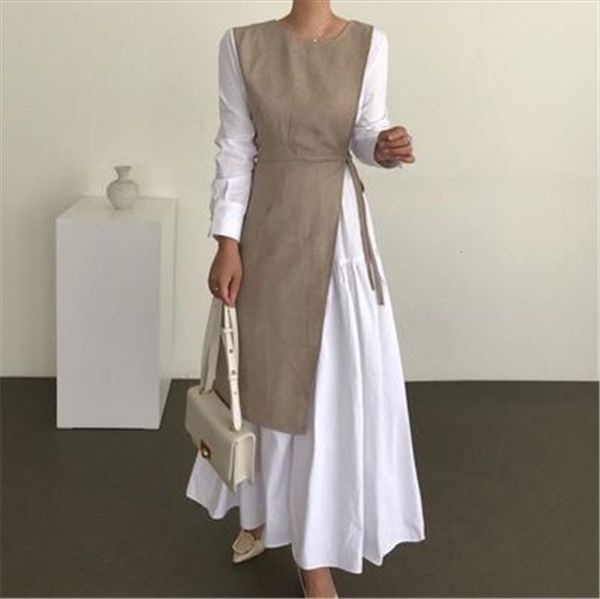 

[ewq]women clothing loose fashionable outfit women dresses french style patchwork autumn maxi dress ladies solid long sleeve khaki w052, Black;gray