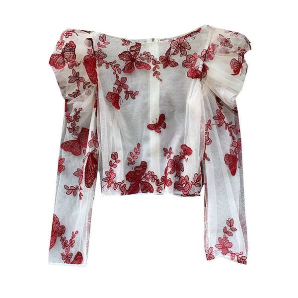 

embroidery butterfly mesh shirt women o neck puff sleeve perspective blouse female fashion 210601, White