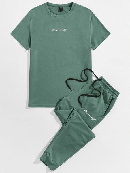 

men letter graphic tee & drawstring waist sweatpants g32a#, Gray