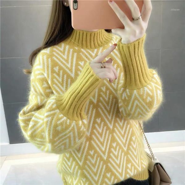 

autumn winter diamond stripe mohair knitted sweater 2021 fashion loose fluffy lantern sleeve pullovers female casual jumpers women's, White;black