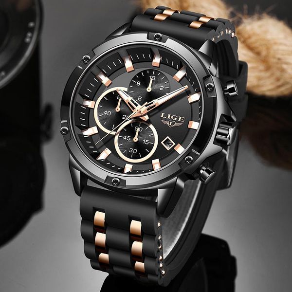 

wristwatches lige 2021 fashion sport watch men waterproof mens watches silicone strap quartz wrist relogio masculino, Slivery;brown