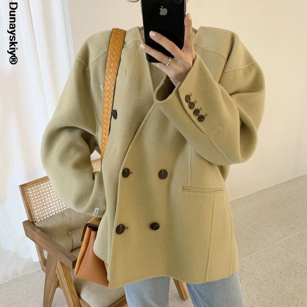 

women's wool & blends women jacket 2021 winter korean elegant retro v-neck double-breasted loose solid color long-sleeved warm woolen c, Black