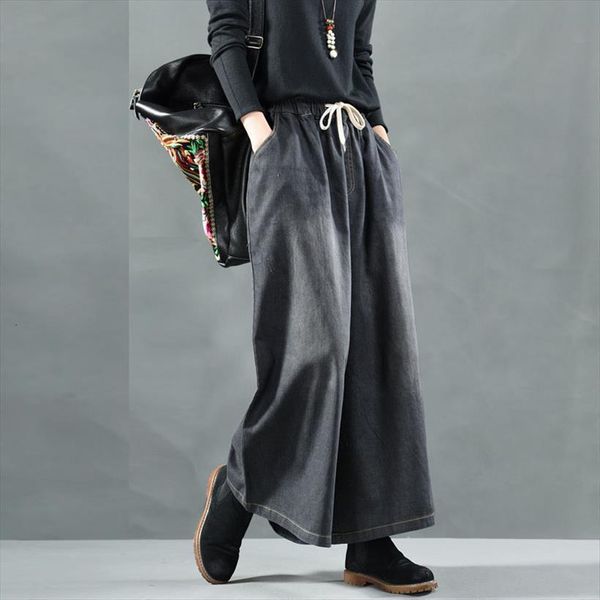 

autumn denim wide leg womens jean pants elastic waist loose trousers spring cowboy casual big size, Blue