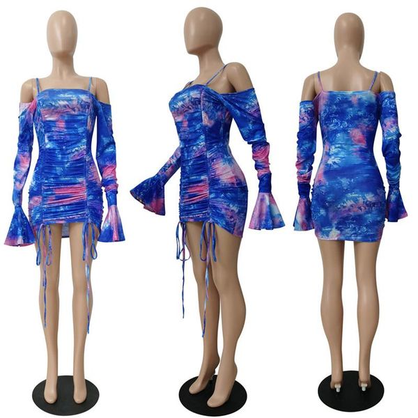 

casual dresses colorful tie dye print skinny party dress women strapless vintage high waist ruched drawstring mini club, Black;gray