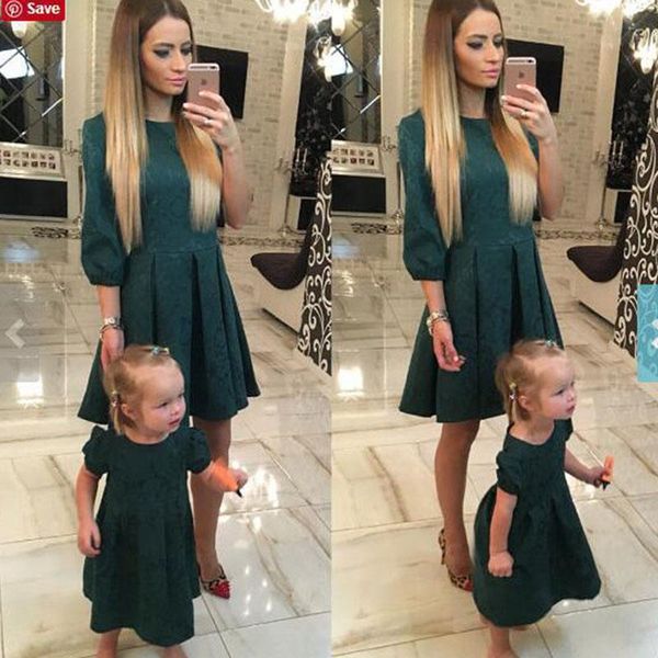 

family matching outfits mother daughter clothes high waist women girls party dress half sleeve dresses, Blue