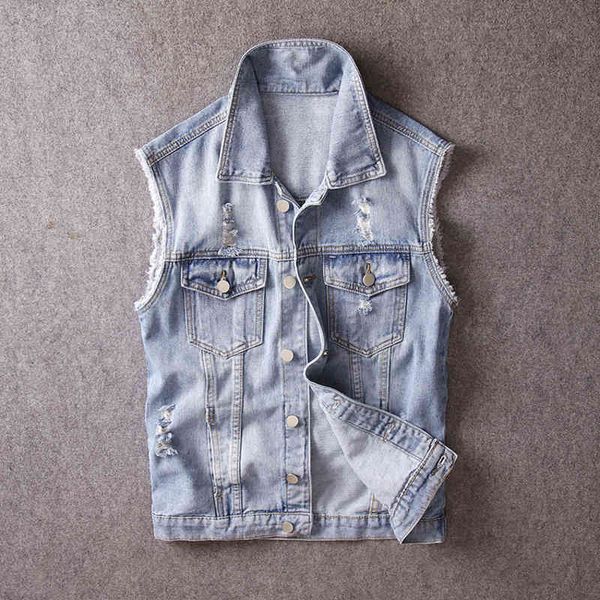 

vests british fashion light blue punk destroyed ripped sleeveless denim jackes casual coats streetwear hip hop vest men, Black;white