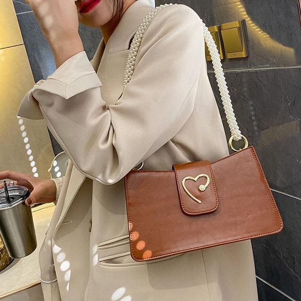 

evening bags pearl handle bag elegant crossbody with heart-shaped decoration leather purses luxury handbag women retro shoulder