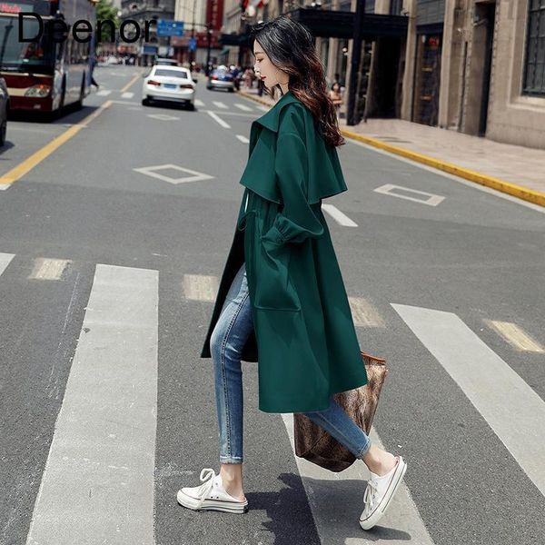 

women's trench coats deenor women autumn medium length windbreaker slim female outwear fashion loose casual korean style chic clothing, Tan;black