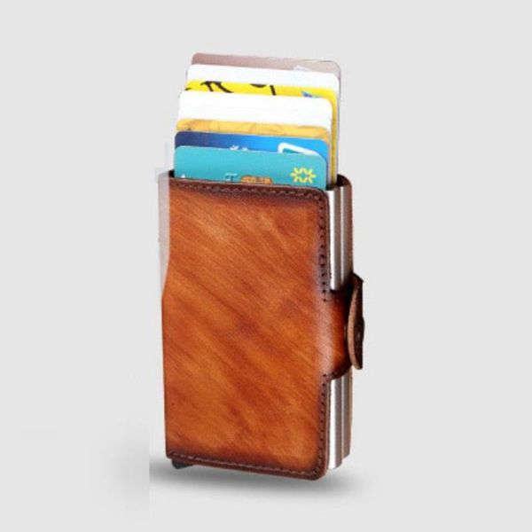 

card holders men double aluminum box hand-polished genuine leather holder rfid metal wallet automatic up anti-theft purse, Brown;gray