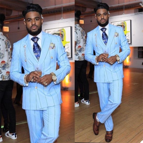 

pieces pinstripe men suits light blue groom tuxedos lapel modern formal double breasted coat+pant custom made party suit men's & blazer, White;black