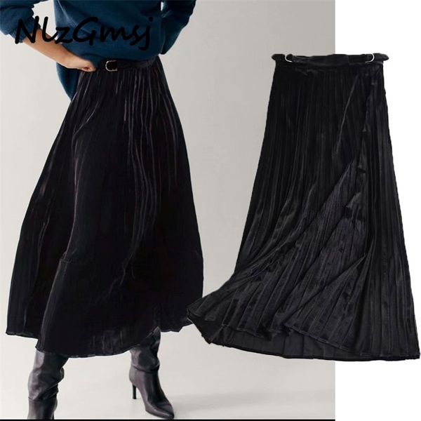 

skirt women fashion elegant black velvet pleated office wear high waist faldas mujer moda long skirts 210628