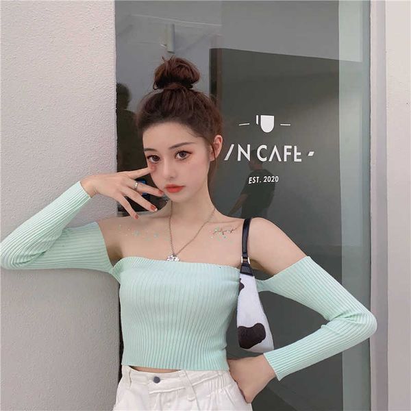 

women's t-shirt knitted female shoulder short slim long sleeve bottoming shirt spring t-shirt 14ac, White