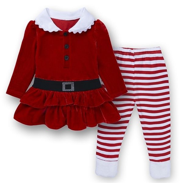 Weihnachtskinder Corduroy Sets Baby Mädchen Langarm Top + Streifen Hosen Kleidung Herbst Winter Kinder Mädchen Anzug Kleidung 210521
