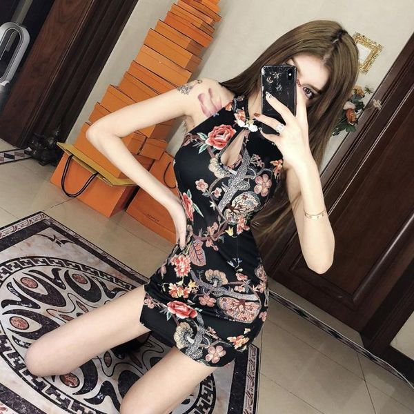 

casual dresses coigarsam print women dress cheongsam vintage hollow out black pink 162, Black;gray
