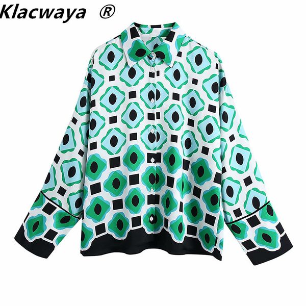 

women fashion geometric print loose blouses vintage long sleeve button-up female shirts blusa chic 210521, White