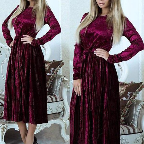 

vintage pleated plus size long dress casual velvet evening party beach blue red sleeve maxi 2021 dresses, Black;gray