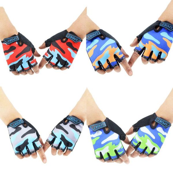 

cycling gloves child kids camouflage non-slip half finger breathable fingerless short outdoor sports riding wrist length mittens, Black