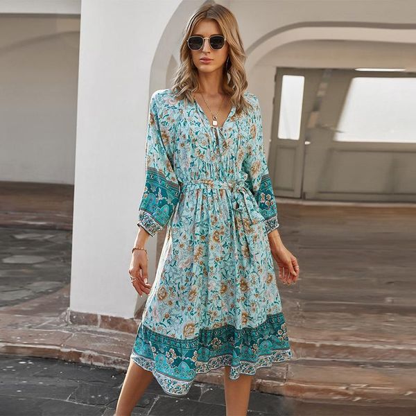 

spring v-neck floral print dress fashion women boho leisure high waist chiffon bandage 2021 wear casual dresses, Black;gray