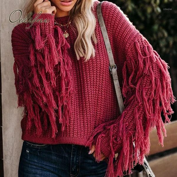 

ordi2021 autumn winter women knitted sweater tassel loose pull femme women's sweaters, White;black