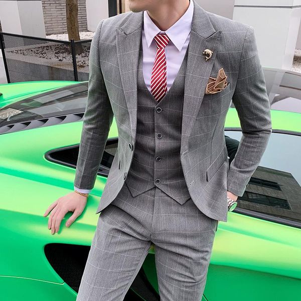 

men's suit 2021 spring business casual trend plaid three-piece groom dress formal occasion suits & blazers, White;black