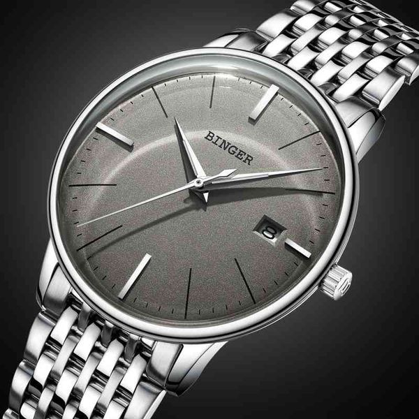 

switzerland high-end automatic watches men binger business mechanical saffier calendar hd lighting invented steel montre homme, Slivery;brown