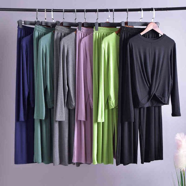 

women's tracksuits spring and autumn leisure sports home wear set modal round neck long sleeve wide leg pants two piece set, Gray