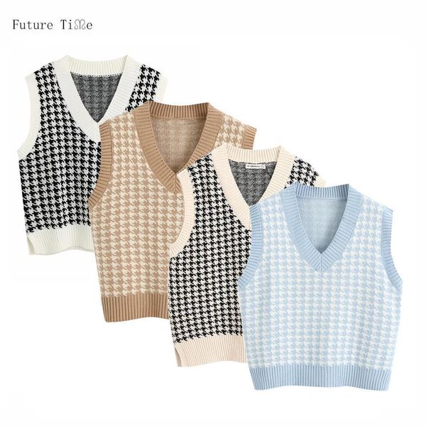 

vest fashion houndstooth loose womens sweater knitted v neck sleeveless side vents female waistcoat chic, White;black