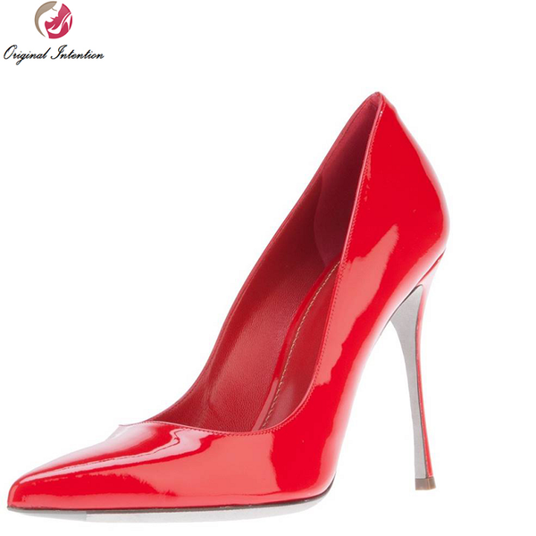 

original intention classic women pumps elegant pointed toe thin heels patent leather shoes woman plus size dress, Black
