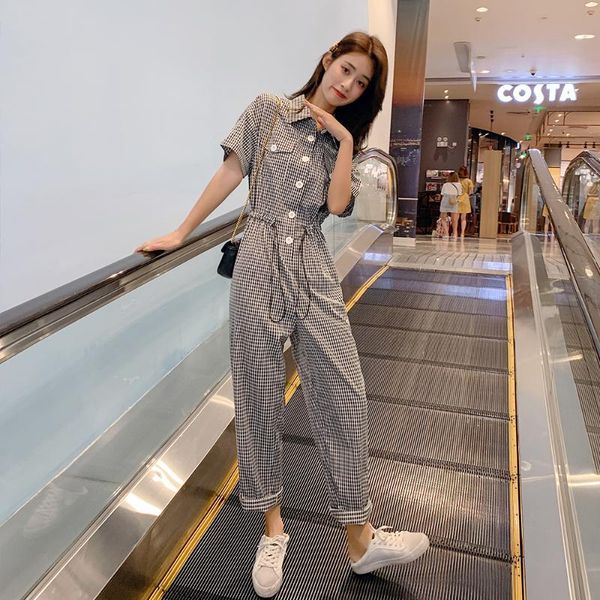 

women's jumpsuits & rompers summer women short sleeve drawstring waist slim casual plaid jumpsuit one piece straight pants female stree, Black;white