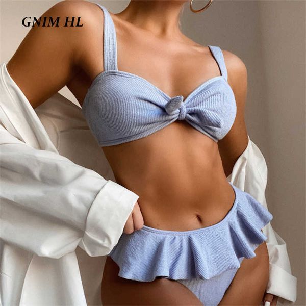 GNIM Sexy Bandeau Bademode Frauen Rüschen Bikini Set 2021 Sommer Solide Bogen Badeanzug Weibliche 2 Stück Halter Schwimmen Anzug Biquini y0820