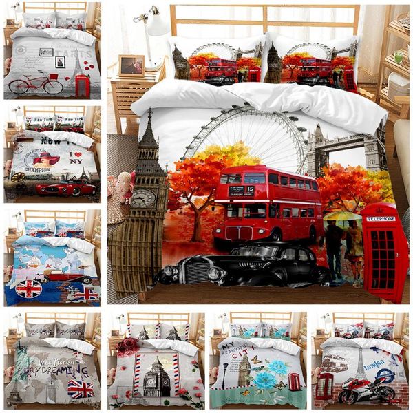 

bedding sets 2/3pcs set classic cars duvet cover for kids boys girls young man postmark retro british style with pillow cases