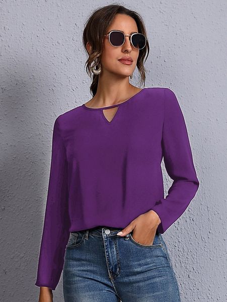 

solid keyhole neck blouse m4mb#, White
