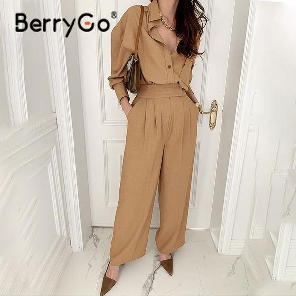 

women's two piece pants berrygo sale sets office lady elegant long sleeves blouse and high waist wide-legged fashion women set, White