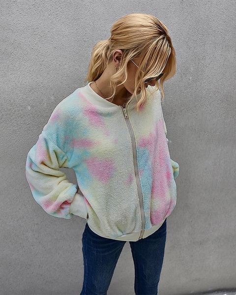 

women's jackets autumn winter women round collar plush teddy warm coat long sleeve tie-dye zipper baseball uniform jacket, Black;brown