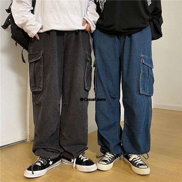 

men's jeans blue black baggy men fashion multi-pocket wide-leg streetwear loose hip-hop straight denim cargo pants mens