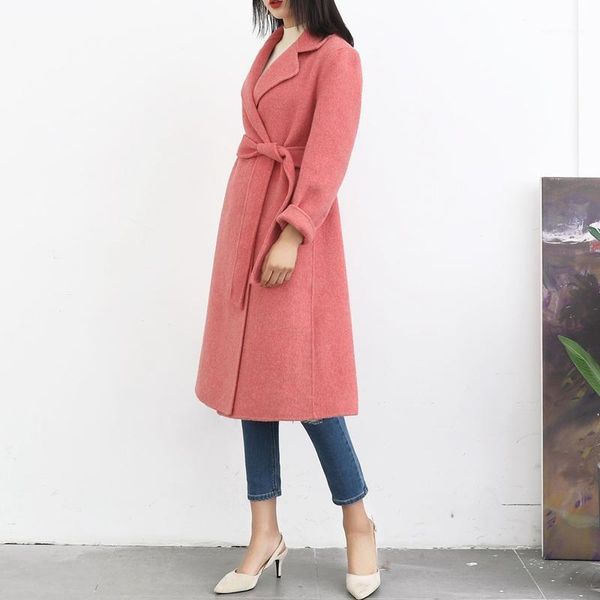 

women's wool & blends double-sided cashmere overcoat in spring of 2021 100% woolen coat pink sashes blue jacket for winter autumn long, Black