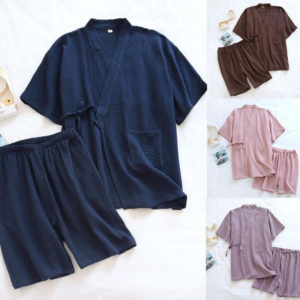 

ethnic clothing japanese summer couple thin pajamas suit cotton crepe men short-sleeved shorts 2pcs 2021 ladies kimono homewear, Red