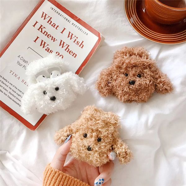 

plush headphone accessories case for airpods 1/2 soft silicone dog poodle flexible cases cover cute shockproof earphone protector white brow