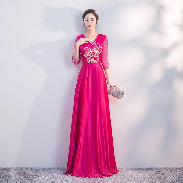

ethnic clothing pink floor length solid flowers satin celebrity dress v-neck appliques lace sleeve cheongsam slim hollow out chorus qip, Red