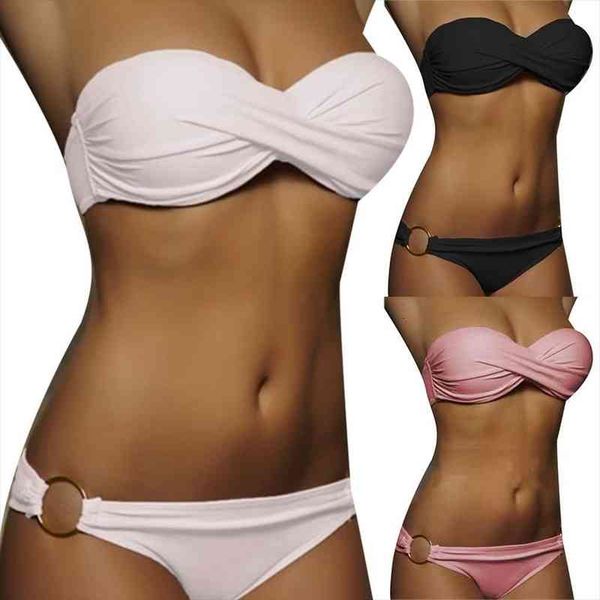 

2pcs set women swimwears high waist strapless push up bra solid color knot padded bras briefs bikini, White;black