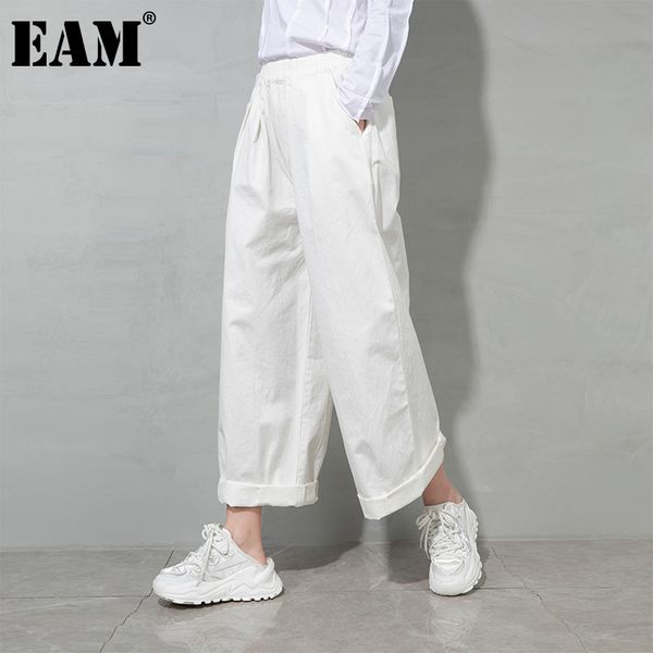 

[eam] high elastic waist white long wide leg casual trousers loose fit pants women fashion spring autumn 1dd8343 210512, Black;white