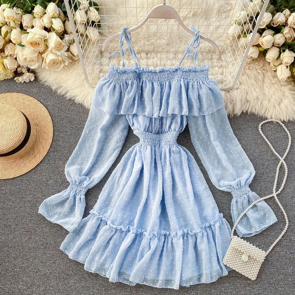 

casual dresses sweet women ruffles dress vestido 2021 spring summer long sleeve off shoulder chiffon ladies a line party, Black;gray